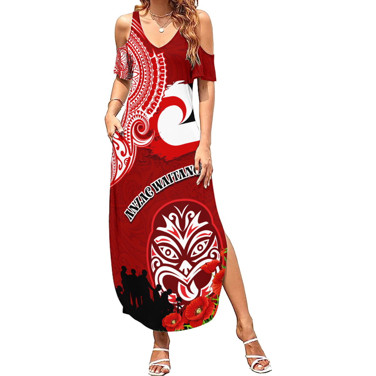 New Zealand ANZAC Waitangi Day Family Matching Summer Maxi Dress and Hawaiian Shirt Lest We Forget Soldier Tiki Maori Style LT03 Mom's Dress Red - Polynesian Pride