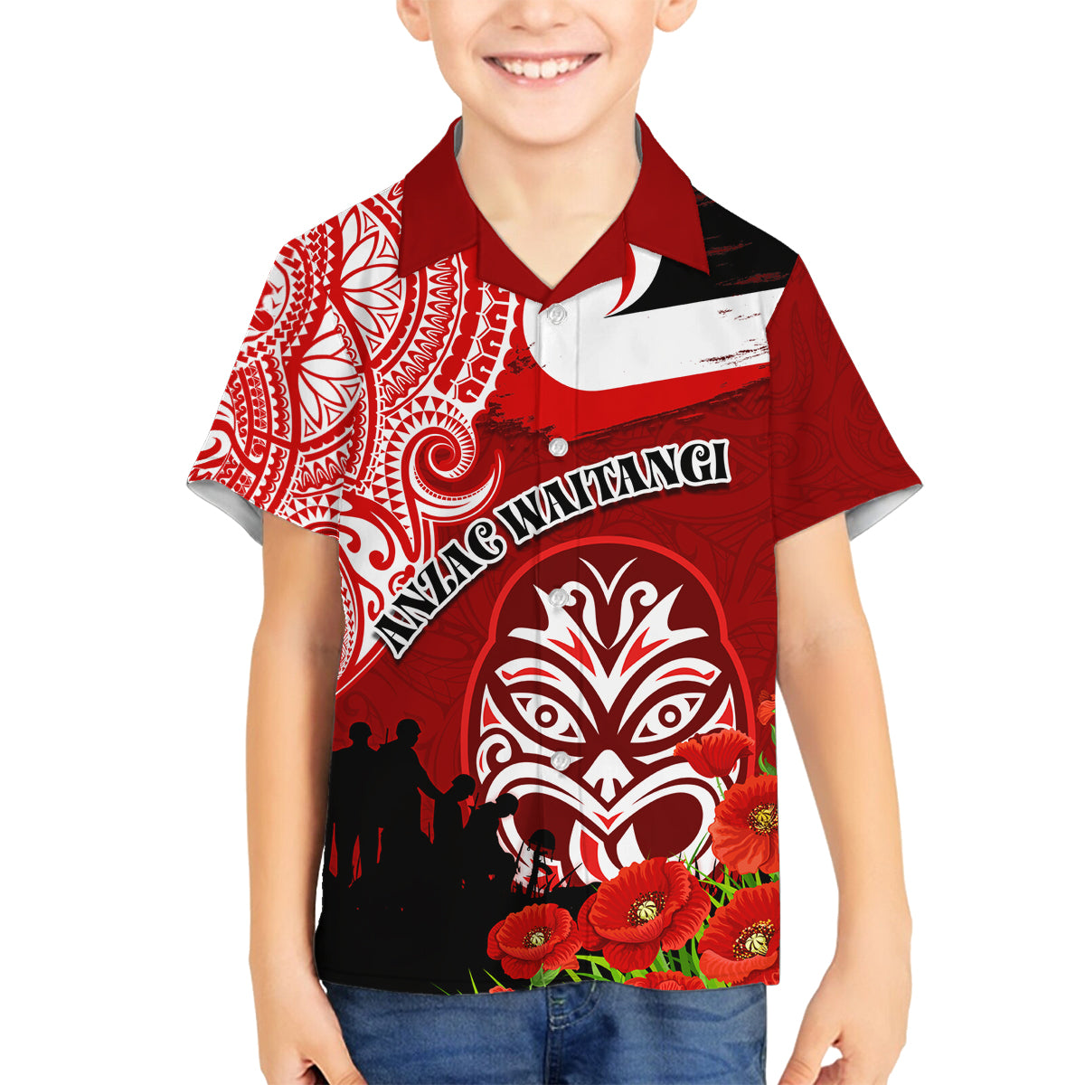New Zealand ANZAC Waitangi Day Family Matching Summer Maxi Dress and Hawaiian Shirt Lest We Forget Soldier Tiki Maori Style LT03 Son's Shirt Red - Polynesian Pride