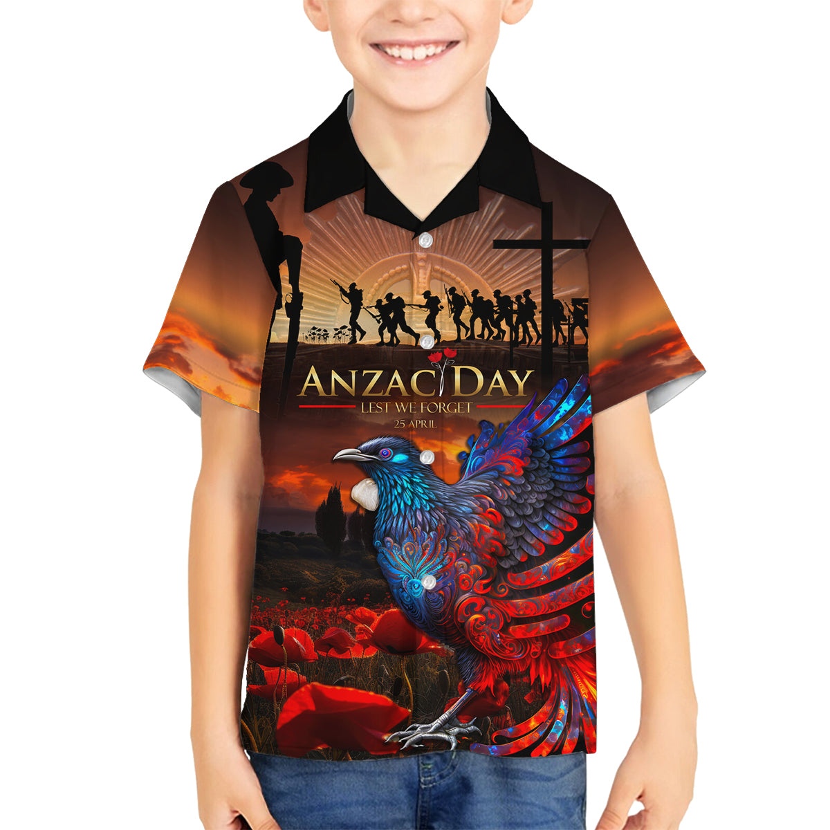 New Zealand Tui Bird Soldier ANZAC Family Matching Tank Maxi Dress and Hawaiian Shirt Lest We Forget LT03