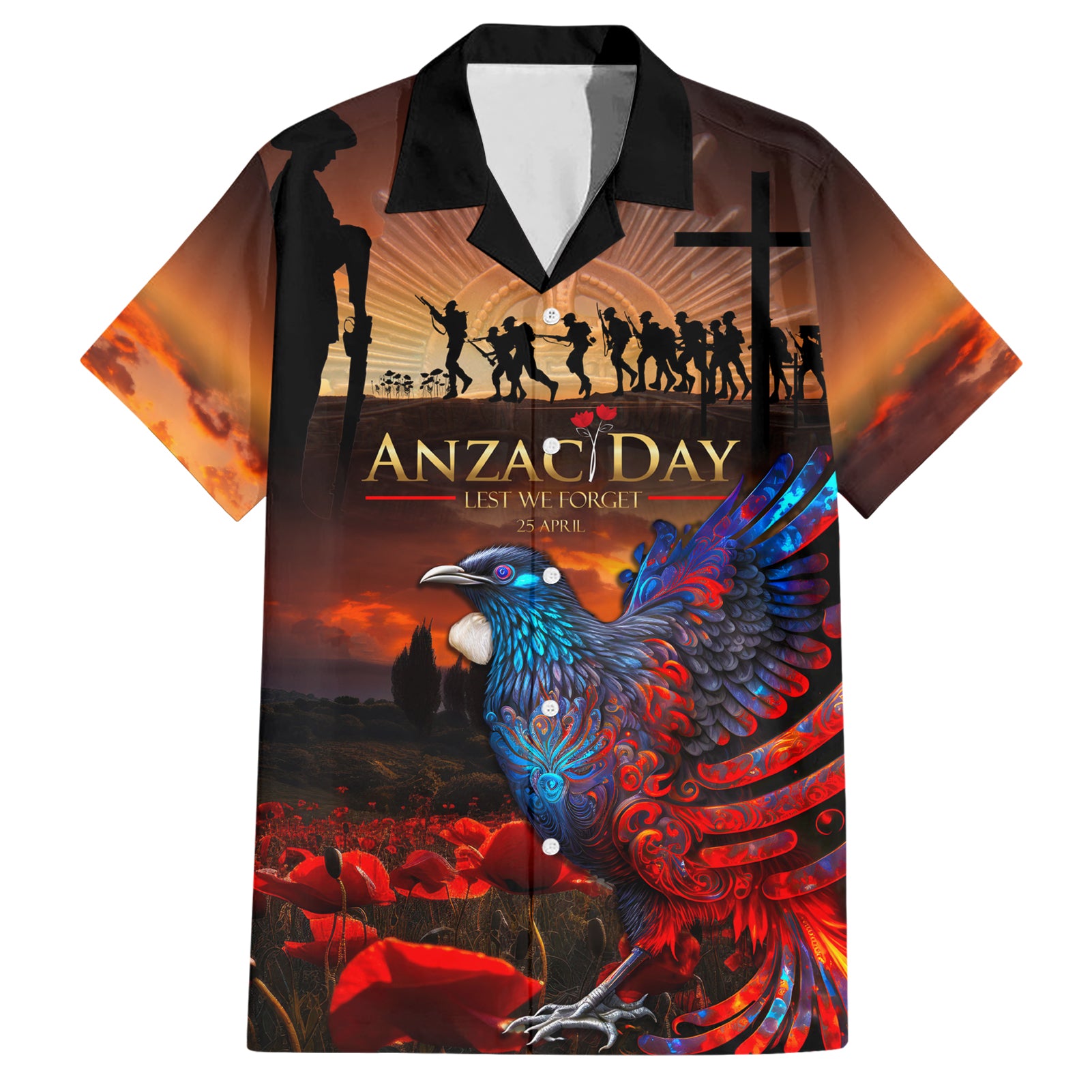 New Zealand Tui Bird Soldier ANZAC Hawaiian Shirt Lest We Forget LT03