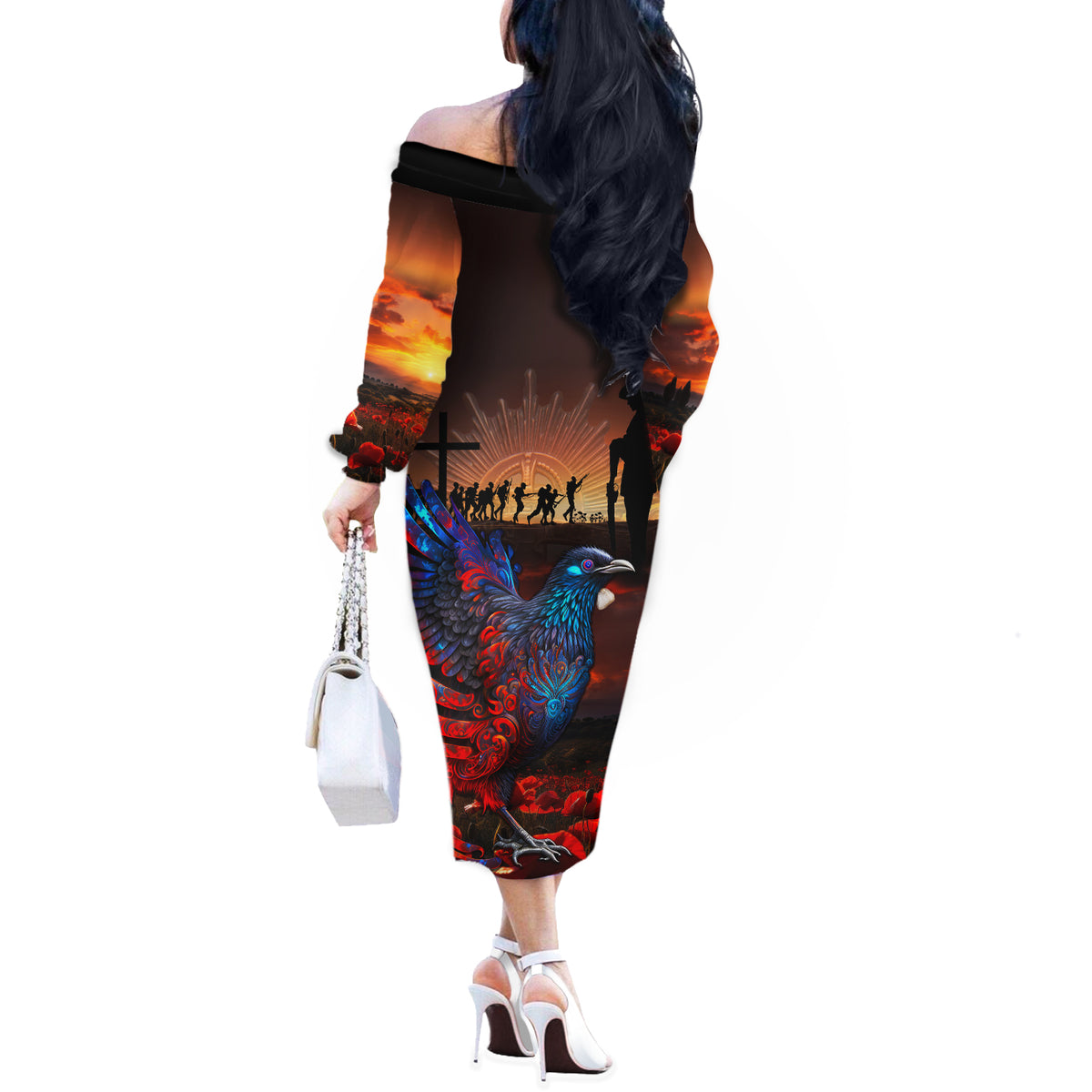 New Zealand Tui Bird Soldier ANZAC Off The Shoulder Long Sleeve Dress Lest We Forget LT03