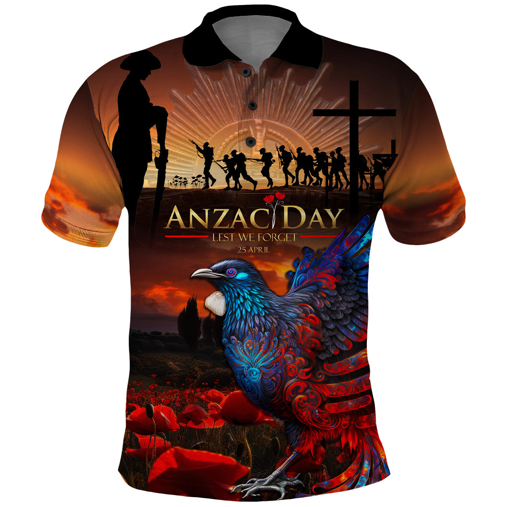 New Zealand Tui Bird Soldier ANZAC Polo Shirt - Lest We Forget LT03 Black - Polynesian Pride