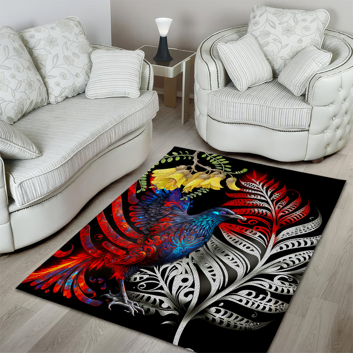 New Zealand Kohwhai Tui Bird Area Rug Silver Fern Version LT03 - Polynesian Pride