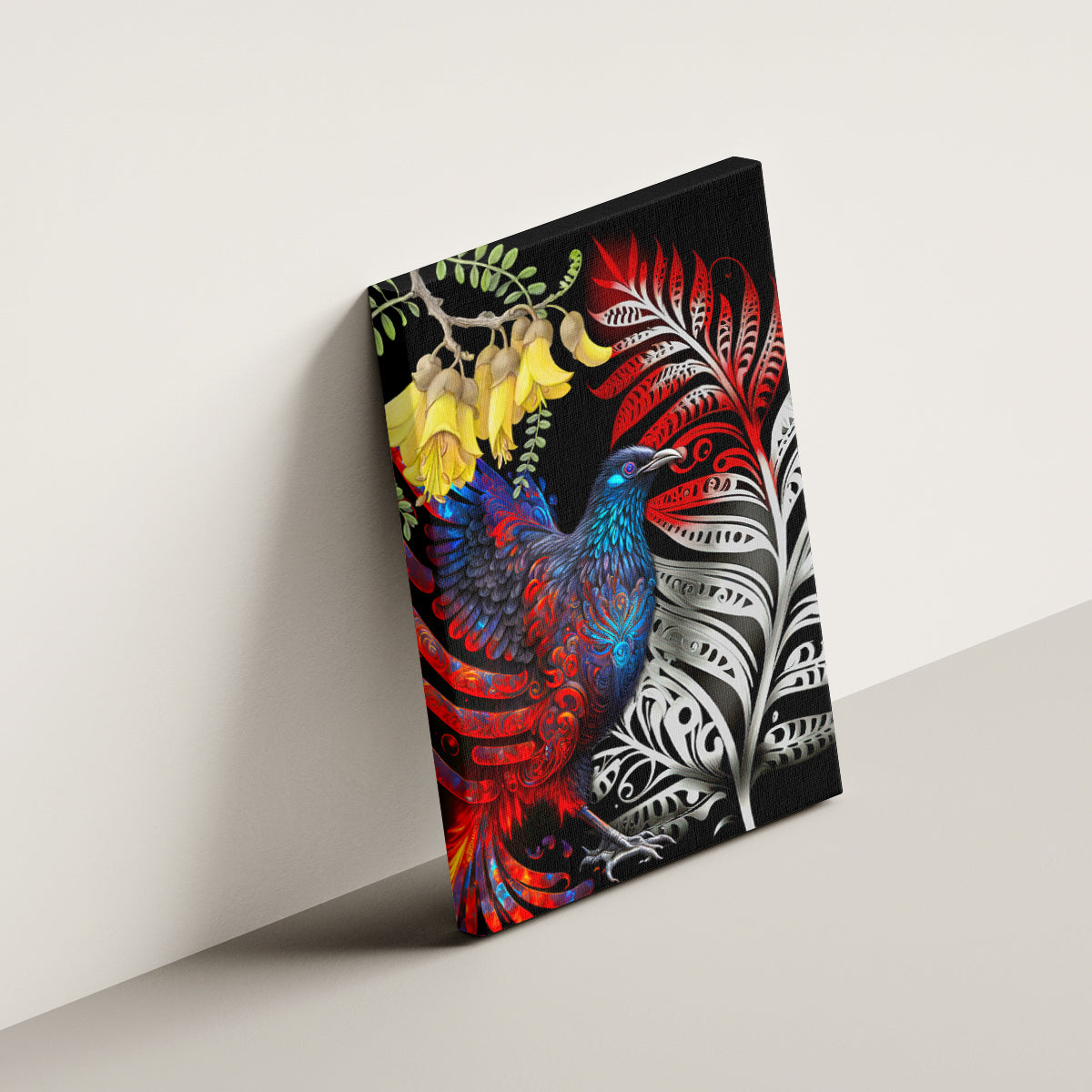 New Zealand Kohwhai Tui Bird Canvas Wall Art Silver Fern Version LT03 - Polynesian Pride