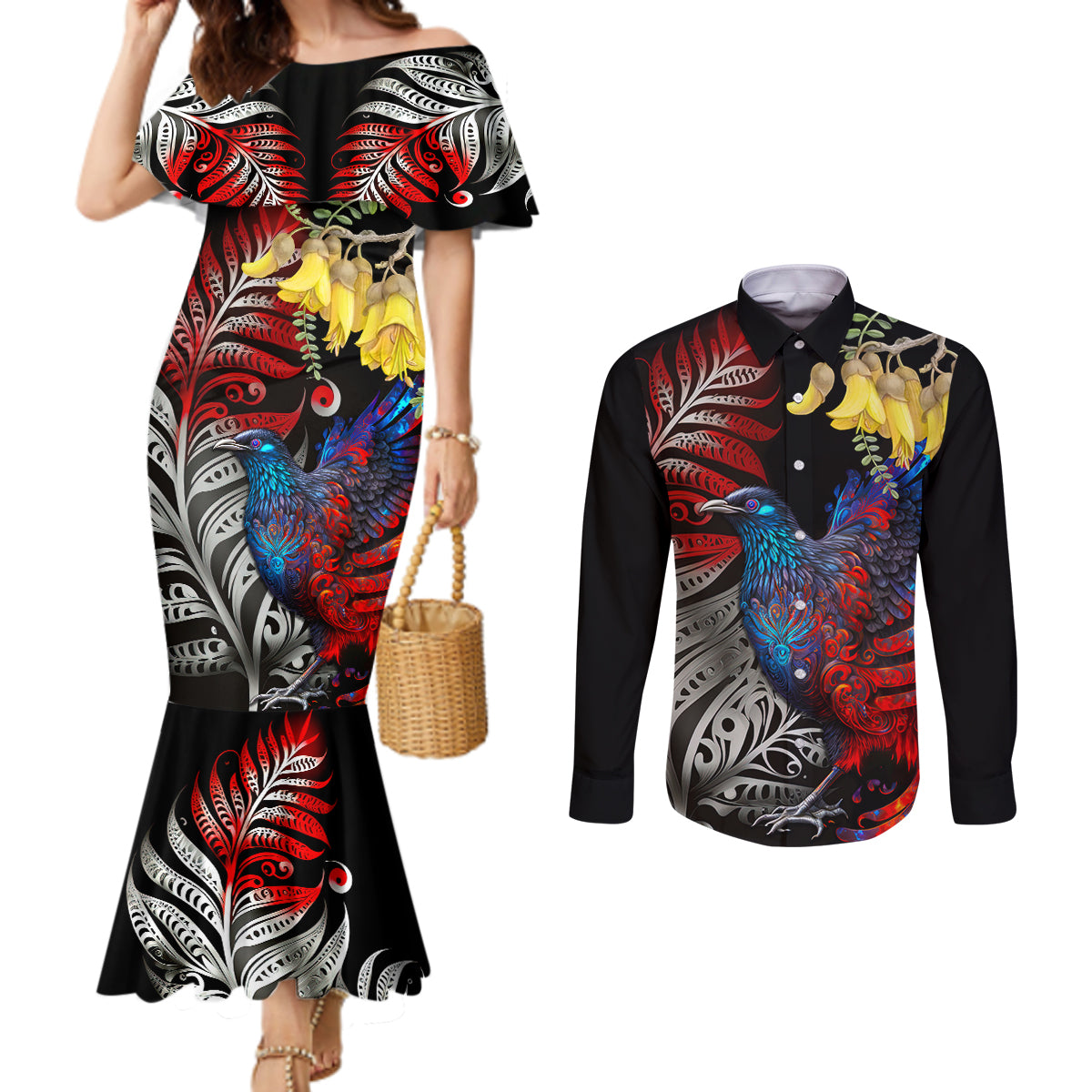 New Zealand Kohwhai Tui Bird Couples Matching Mermaid Dress and Long Sleeve Button Shirt Silver Fern Version LT03 Black - Polynesian Pride