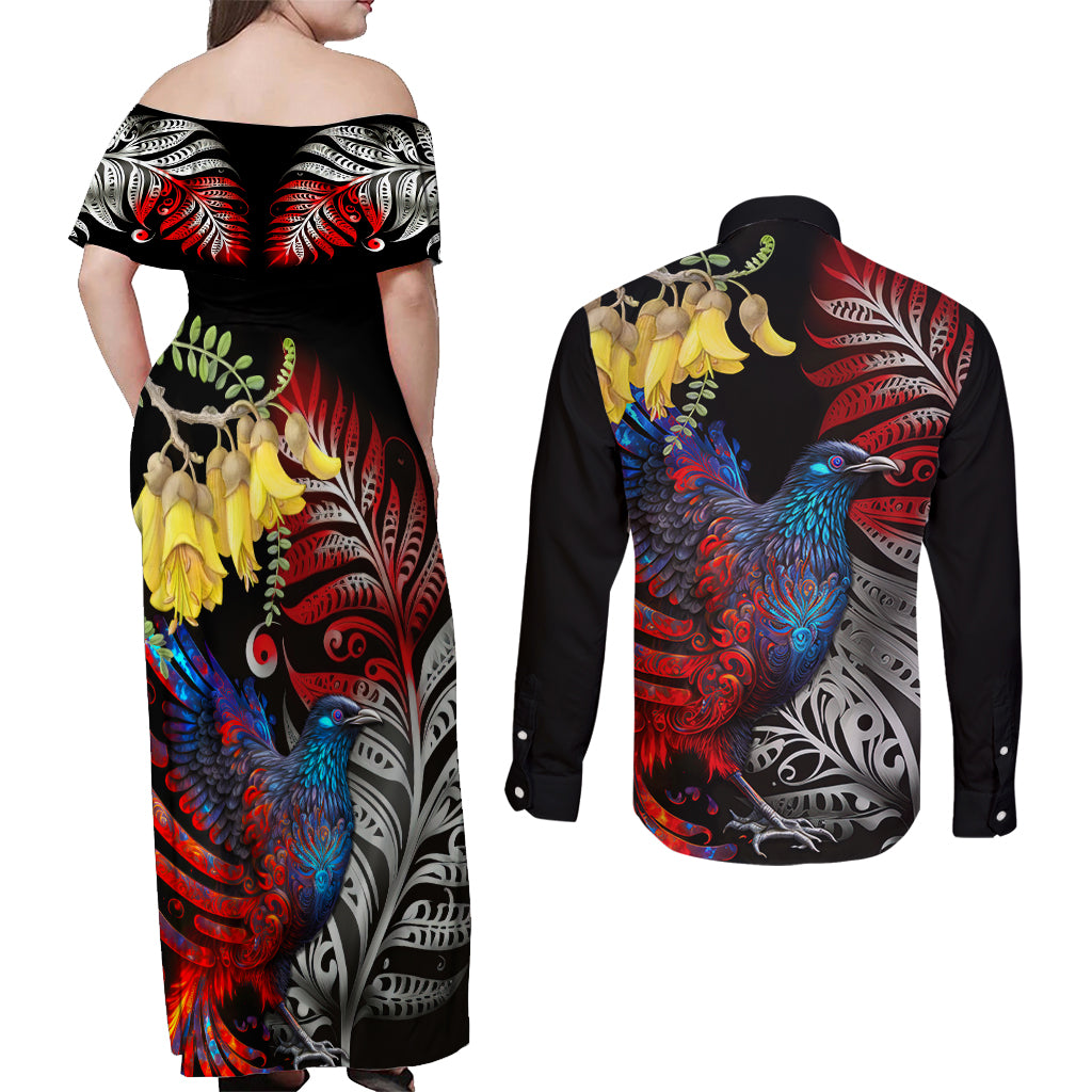 New Zealand Kohwhai Tui Bird Couples Matching Off Shoulder Maxi Dress and Long Sleeve Button Shirt Silver Fern Version LT03 - Polynesian Pride
