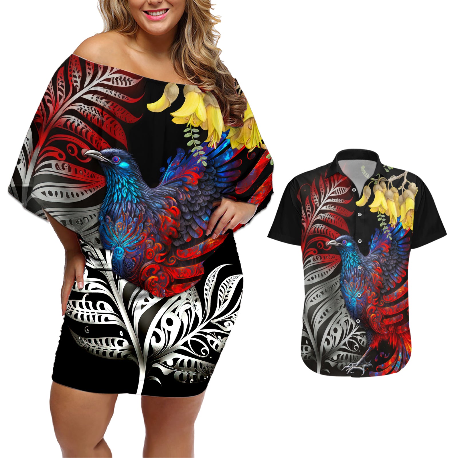 New Zealand Kohwhai Tui Bird Couples Matching Off Shoulder Short Dress and Hawaiian Shirt Silver Fern Version LT03 Black - Polynesian Pride