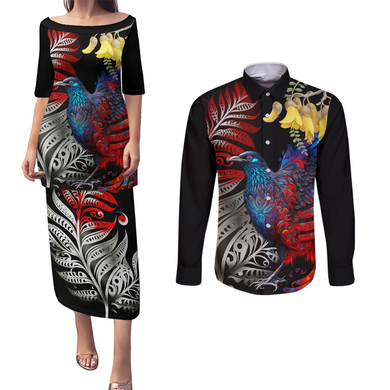 New Zealand Kohwhai Tui Bird Couples Matching Puletasi and Long Sleeve Button Shirt Silver Fern Version LT03 Black - Polynesian Pride