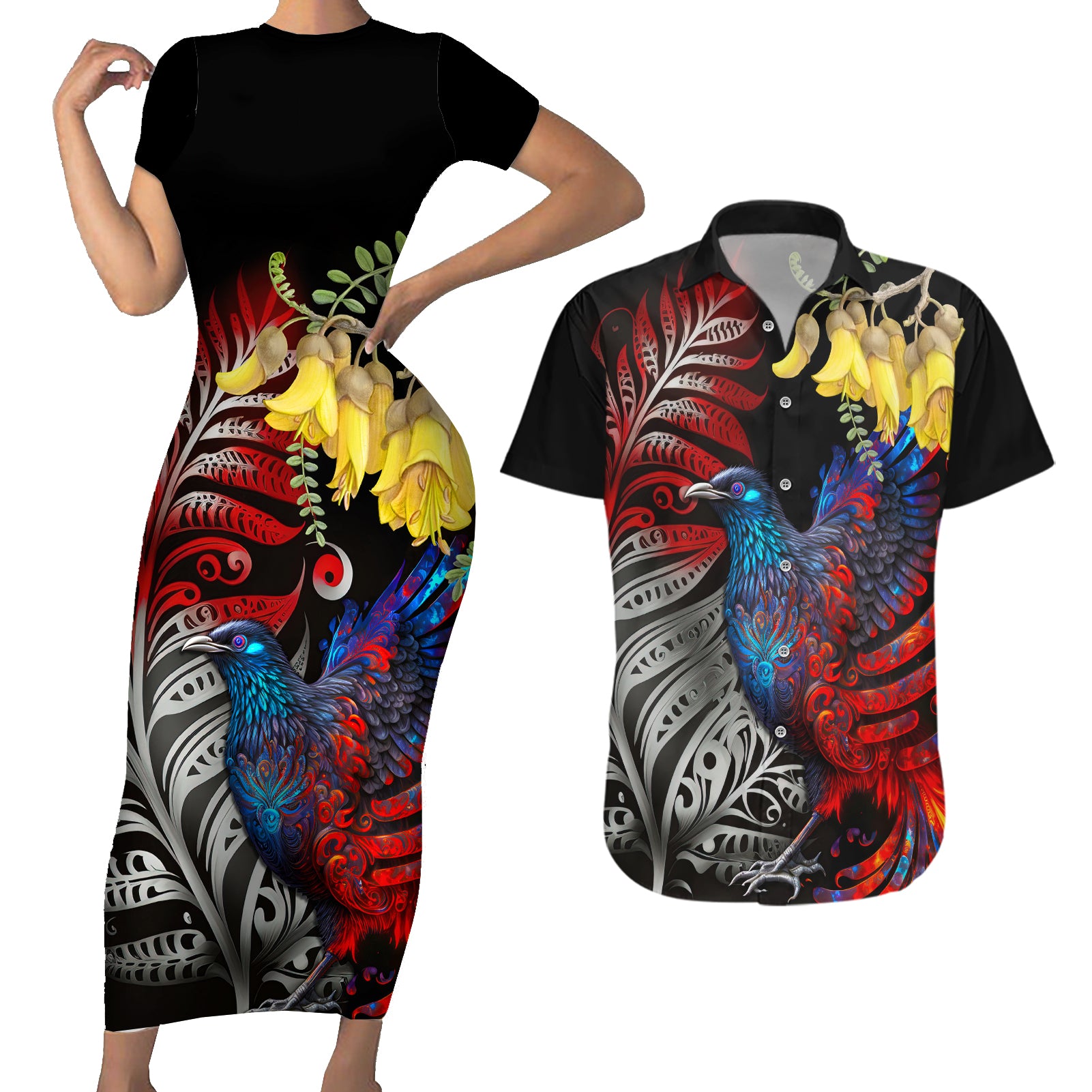 New Zealand Kohwhai Tui Bird Couples Matching Short Sleeve Bodycon Dress and Hawaiian Shirt Silver Fern Version LT03 Black - Polynesian Pride