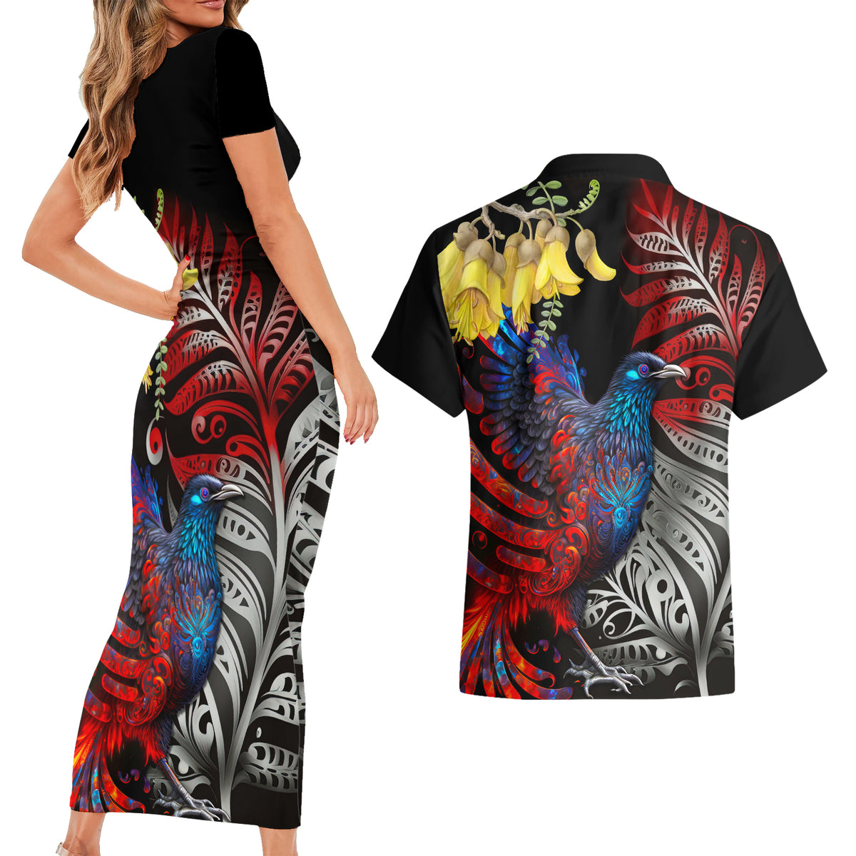 New Zealand Kohwhai Tui Bird Couples Matching Short Sleeve Bodycon Dress and Hawaiian Shirt Silver Fern Version LT03 - Polynesian Pride