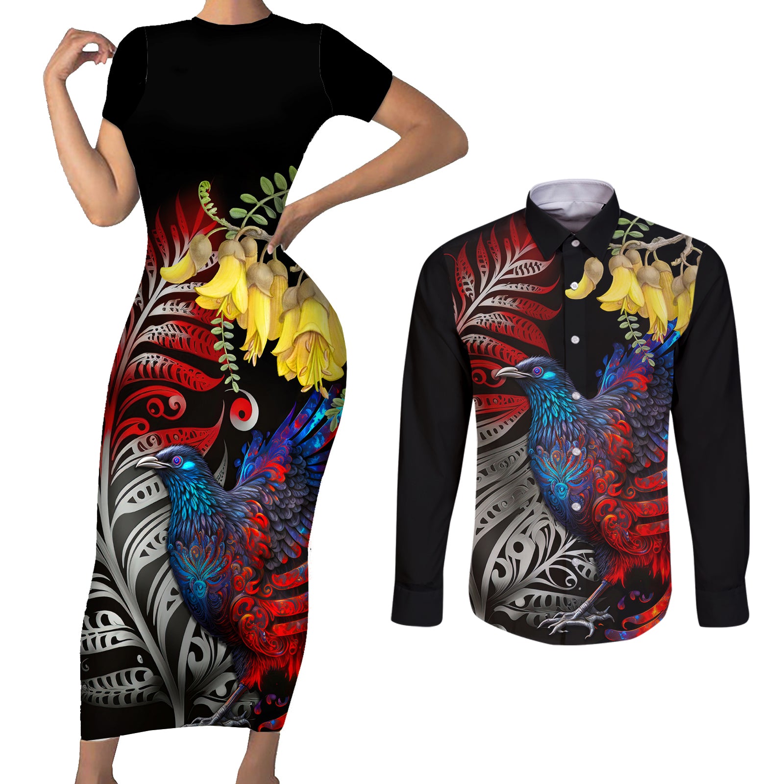 New Zealand Kohwhai Tui Bird Couples Matching Short Sleeve Bodycon Dress and Long Sleeve Button Shirt Silver Fern Version LT03 Black - Polynesian Pride