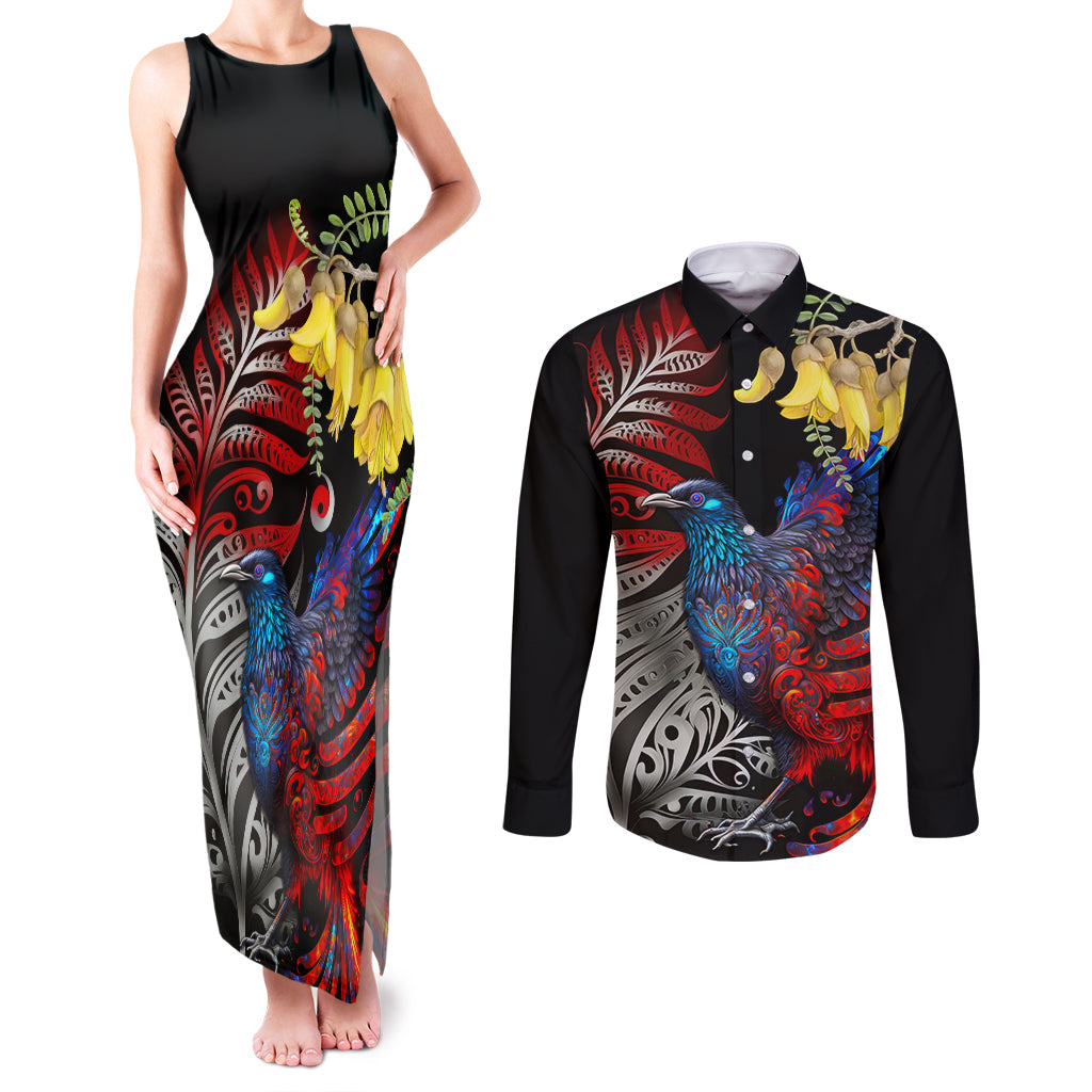 New Zealand Kohwhai Tui Bird Couples Matching Tank Maxi Dress and Long Sleeve Button Shirt Silver Fern Version LT03 Black - Polynesian Pride
