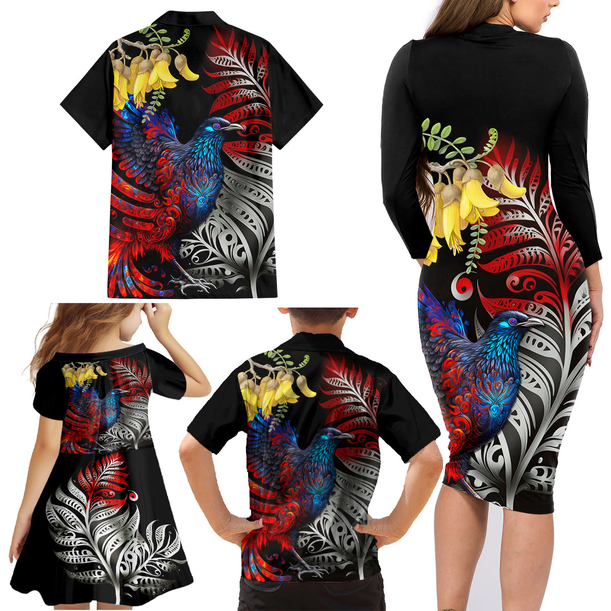 New Zealand Kohwhai Tui Bird Family Matching Long Sleeve Bodycon Dress and Hawaiian Shirt Silver Fern Version LT03 - Polynesian Pride