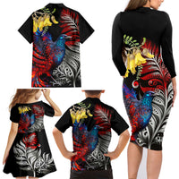 New Zealand Kohwhai Tui Bird Family Matching Long Sleeve Bodycon Dress and Hawaiian Shirt Silver Fern Version LT03 - Polynesian Pride