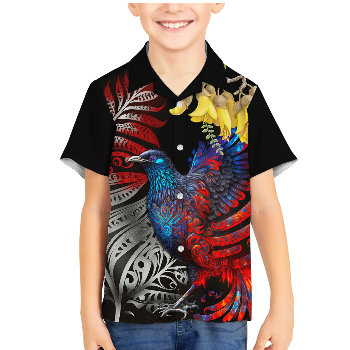 New Zealand Kohwhai Tui Bird Family Matching Mermaid Dress and Hawaiian Shirt Silver Fern Version LT03 Son's Shirt Black - Polynesian Pride