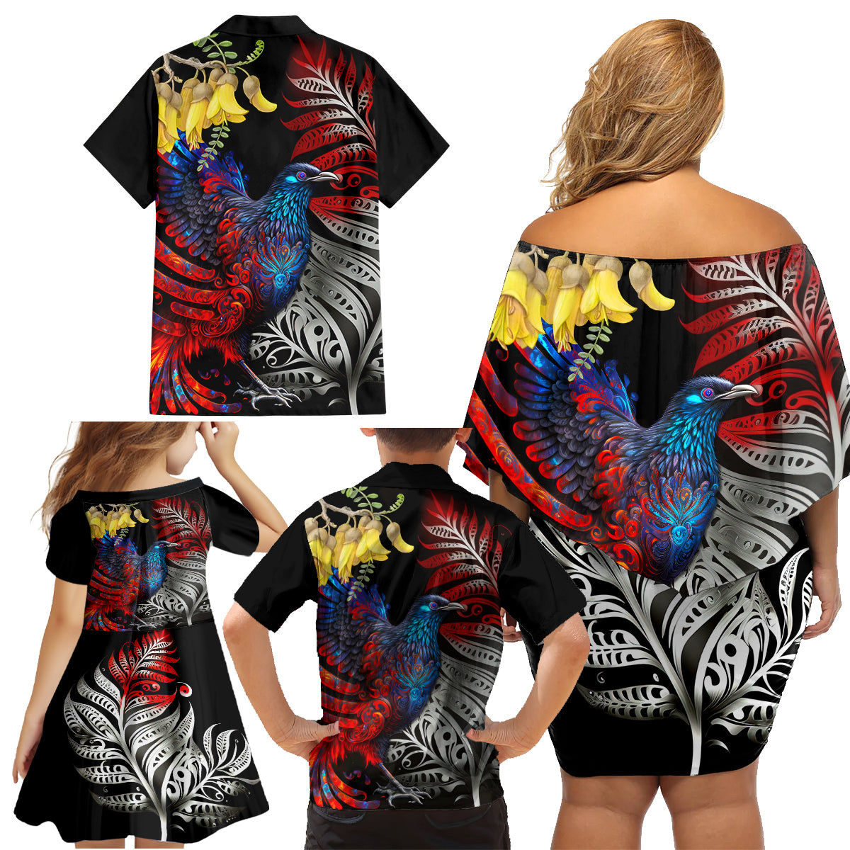 New Zealand Kohwhai Tui Bird Family Matching Off Shoulder Short Dress and Hawaiian Shirt Silver Fern Version LT03 - Polynesian Pride