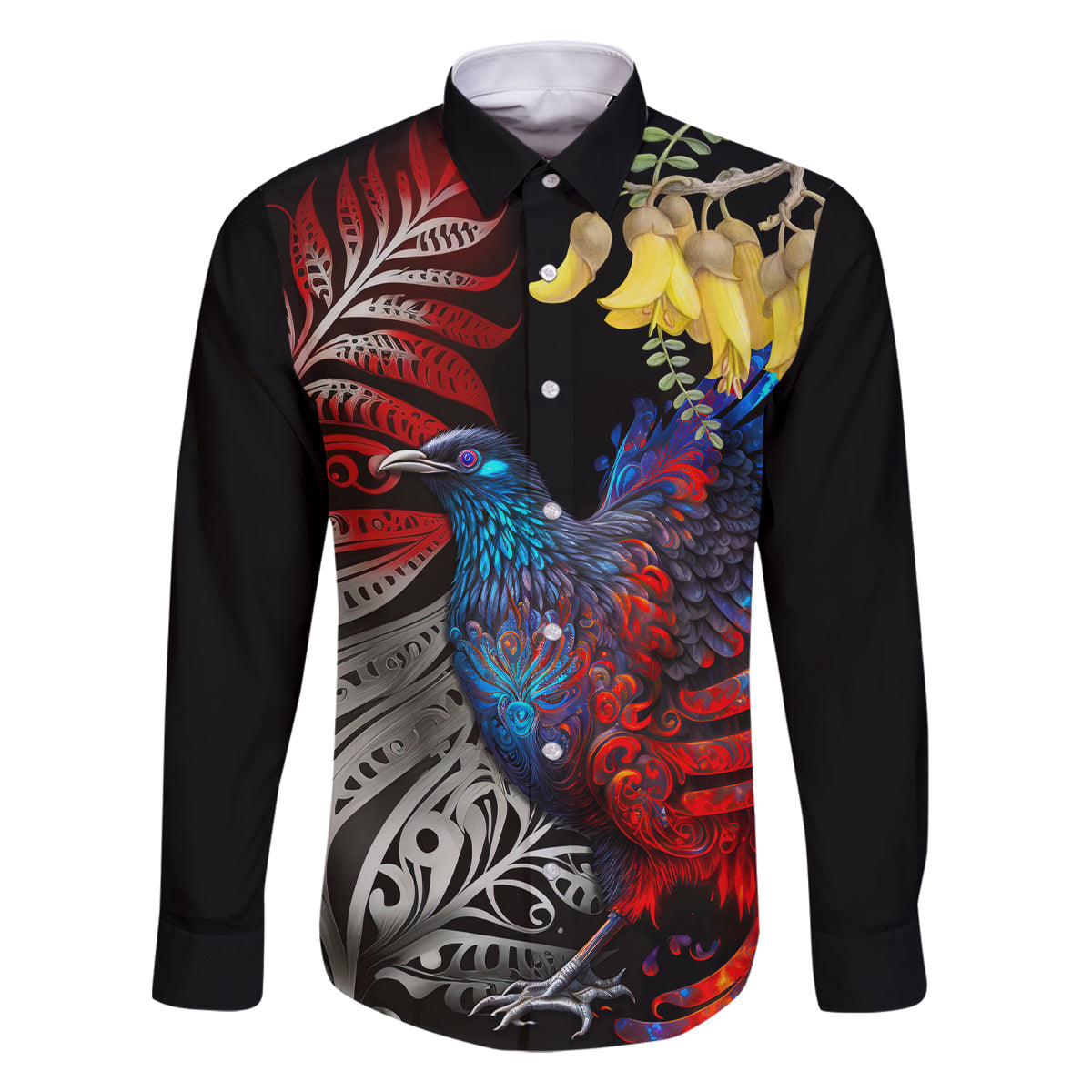 New Zealand Kohwhai Tui Bird Family Matching Off Shoulder Short Dress and Hawaiian Shirt Silver Fern Version LT03 Dad's Shirt - Long Sleeve Black - Polynesian Pride