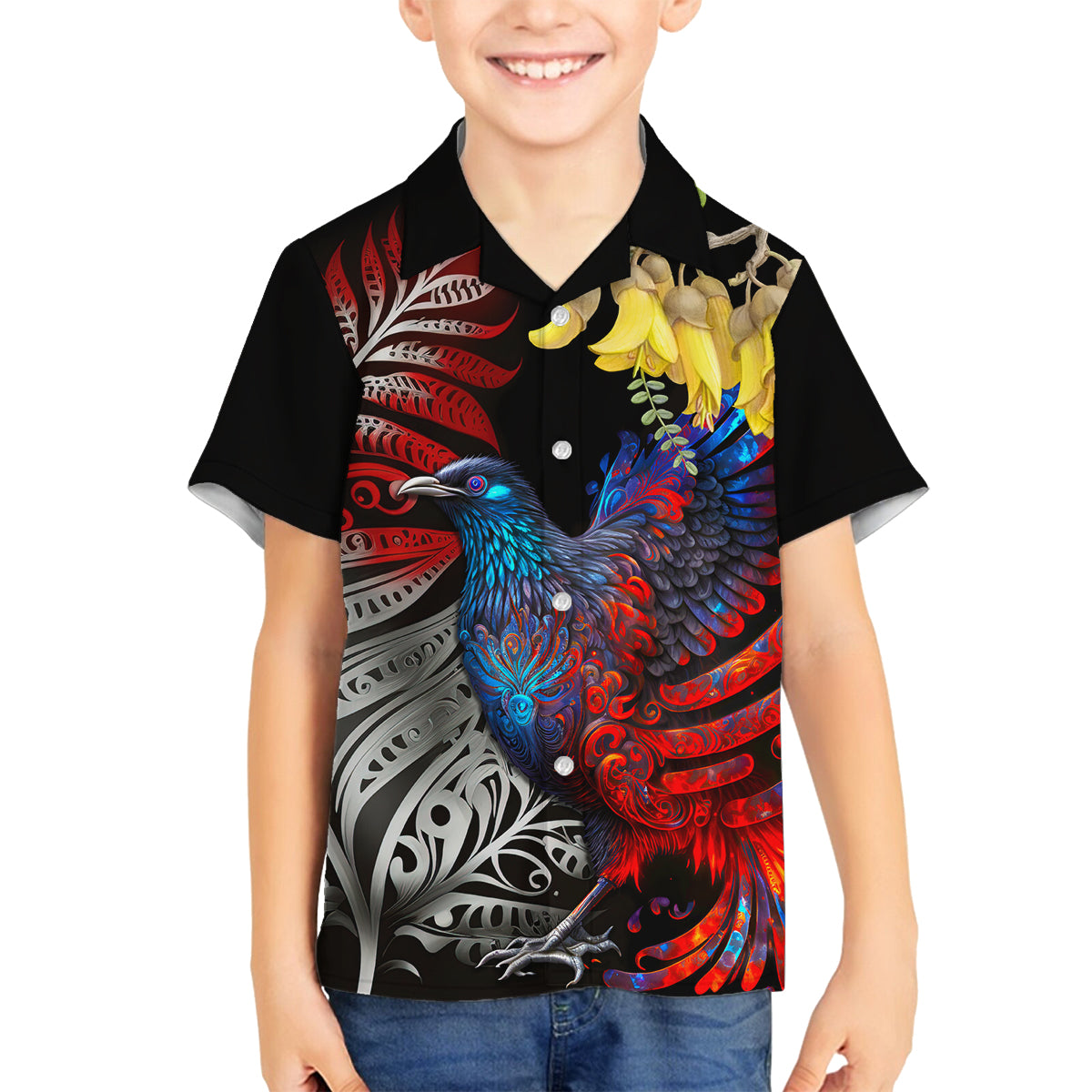 New Zealand Kohwhai Tui Bird Family Matching Off Shoulder Short Dress and Hawaiian Shirt Silver Fern Version LT03 Son's Shirt Black - Polynesian Pride