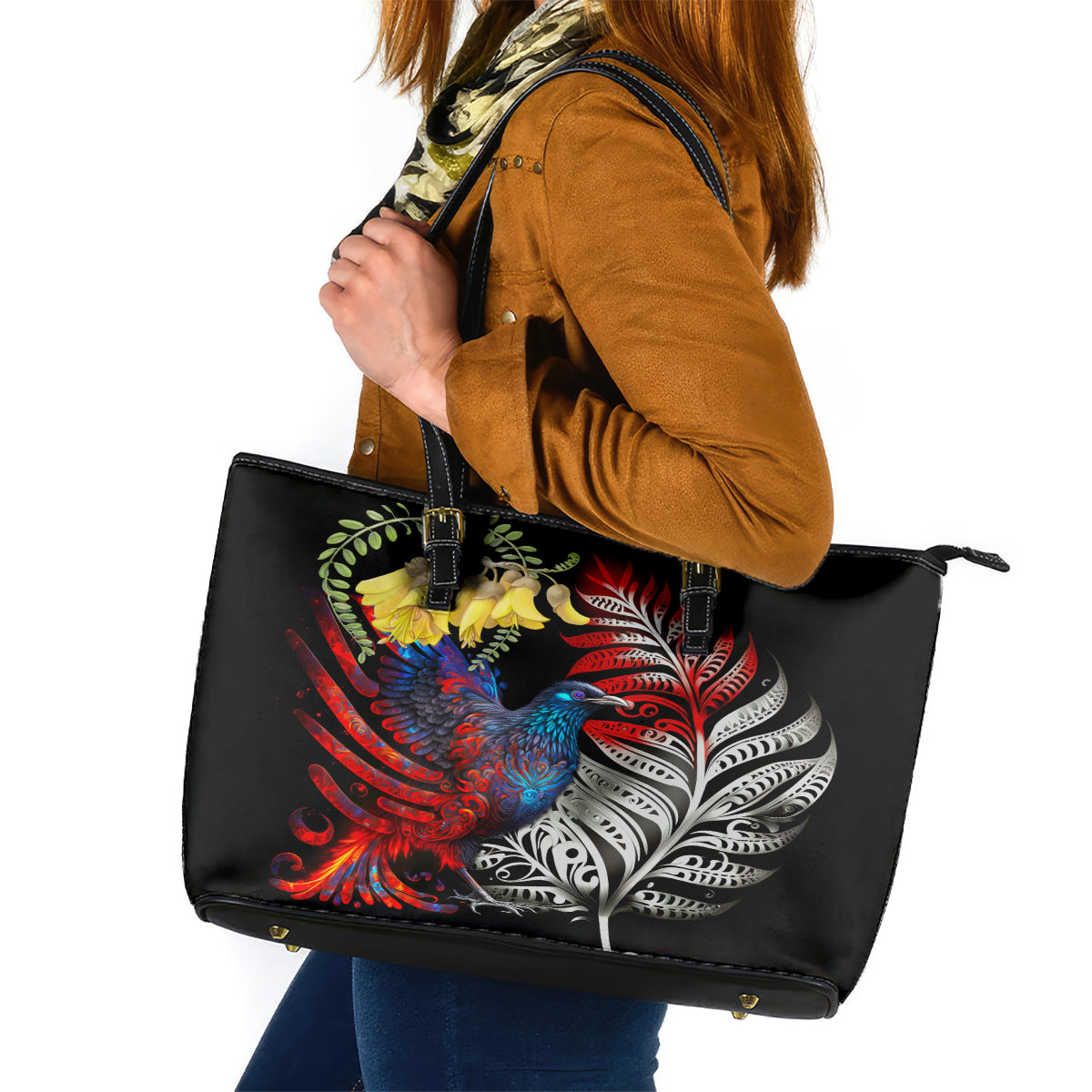 New Zealand Kohwhai Tui Bird Leather Tote Bag Silver Fern Version LT03 Black - Polynesian Pride