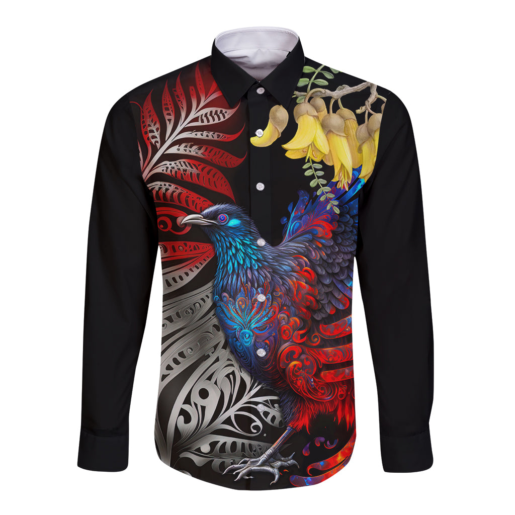 New Zealand Kohwhai Tui Bird Long Sleeve Button Shirt Silver Fern Version LT03 Unisex Black - Polynesian Pride