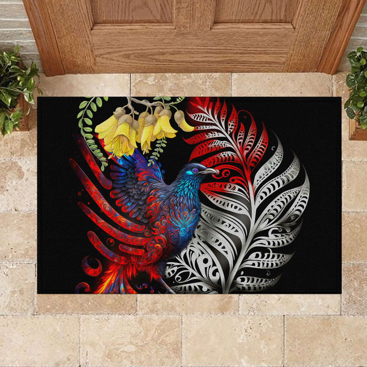New Zealand Kohwhai Tui Bird Rubber Doormat Silver Fern Version LT03 - Polynesian Pride