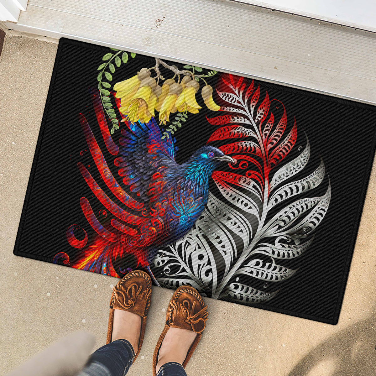 New Zealand Kohwhai Tui Bird Rubber Doormat Silver Fern Version LT03 - Polynesian Pride