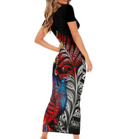 New Zealand Kohwhai Tui Bird Short Sleeve Bodycon Dress Silver Fern Version LT03 - Polynesian Pride
