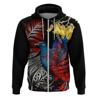 New Zealand Kohwhai Tui Bird Zip Hoodie Silver Fern Version LT03 Zip Hoodie Black - Polynesian Pride