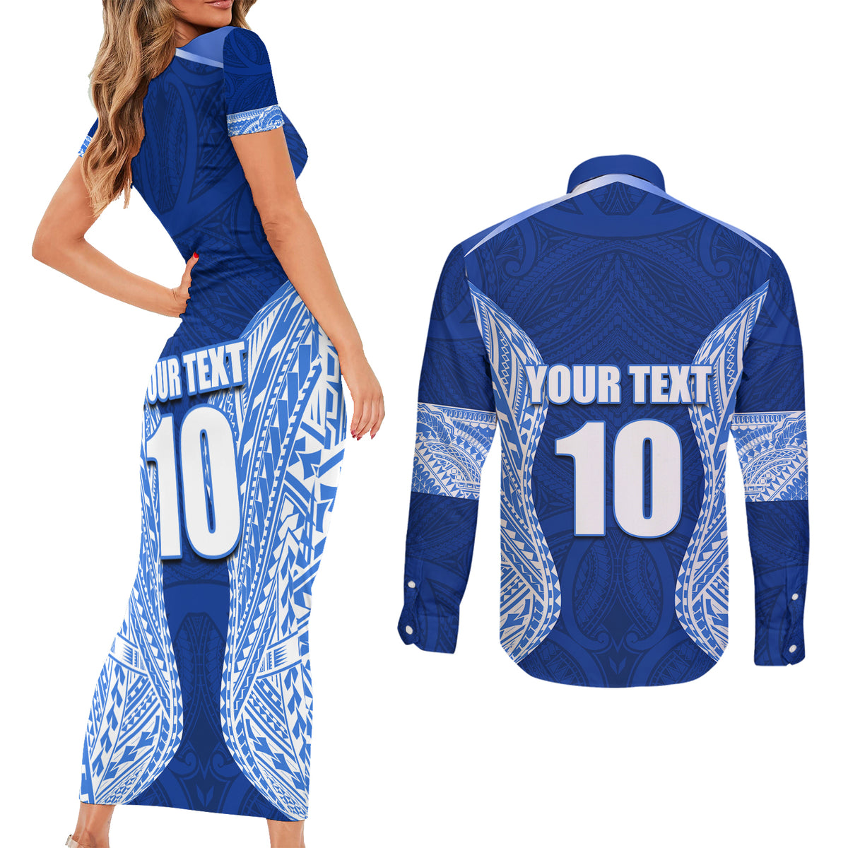Custom Manu Samoa Rugby Couples Matching Short Sleeve Bodycon Dress and Long Sleeve Button Shirt Polynesian Tattoo LT03