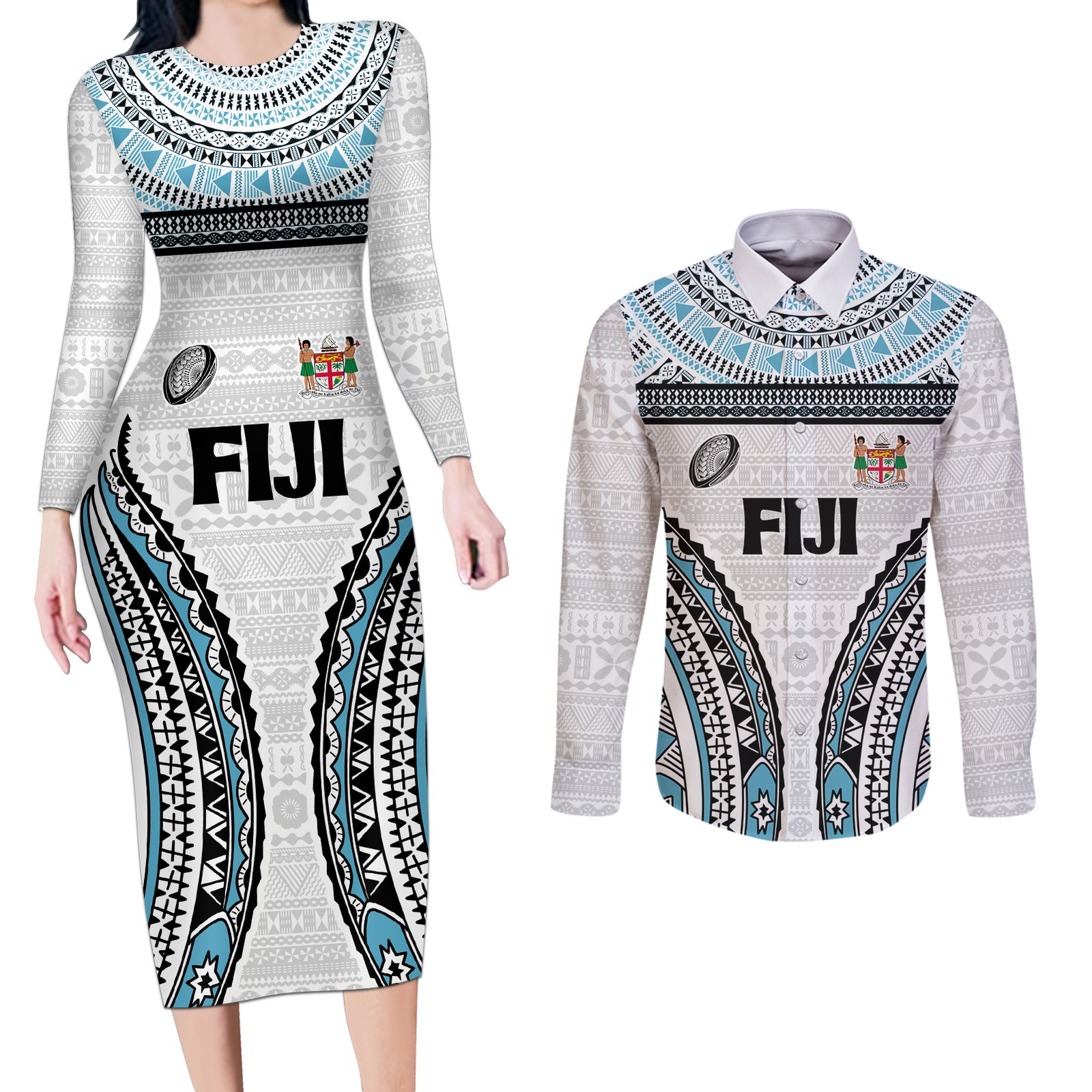Custom Flying Fijians Rugby Couples Matching Long Sleeve Bodycon Dress and Long Sleeve Button Shirt Tapa Tribal Cloth LT03 White - Polynesian Pride
