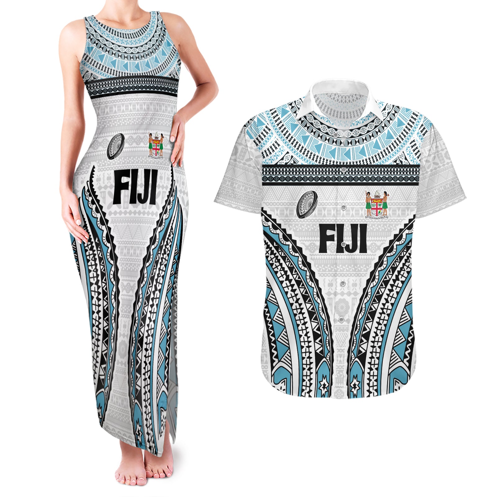 Custom Flying Fijians Rugby Couples Matching Tank Maxi Dress and Hawaiian Shirt Tapa Tribal Cloth LT03 White - Polynesian Pride