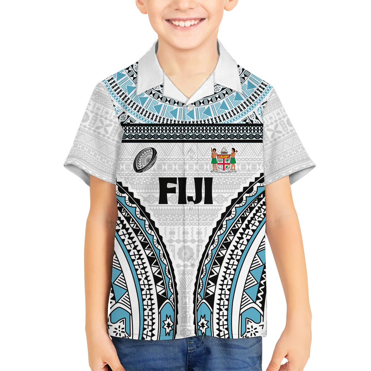 Custom Flying Fijians Rugby Family Matching Long Sleeve Bodycon Dress and Hawaiian Shirt Tapa Tribal Cloth LT03 Son's Shirt White - Polynesian Pride