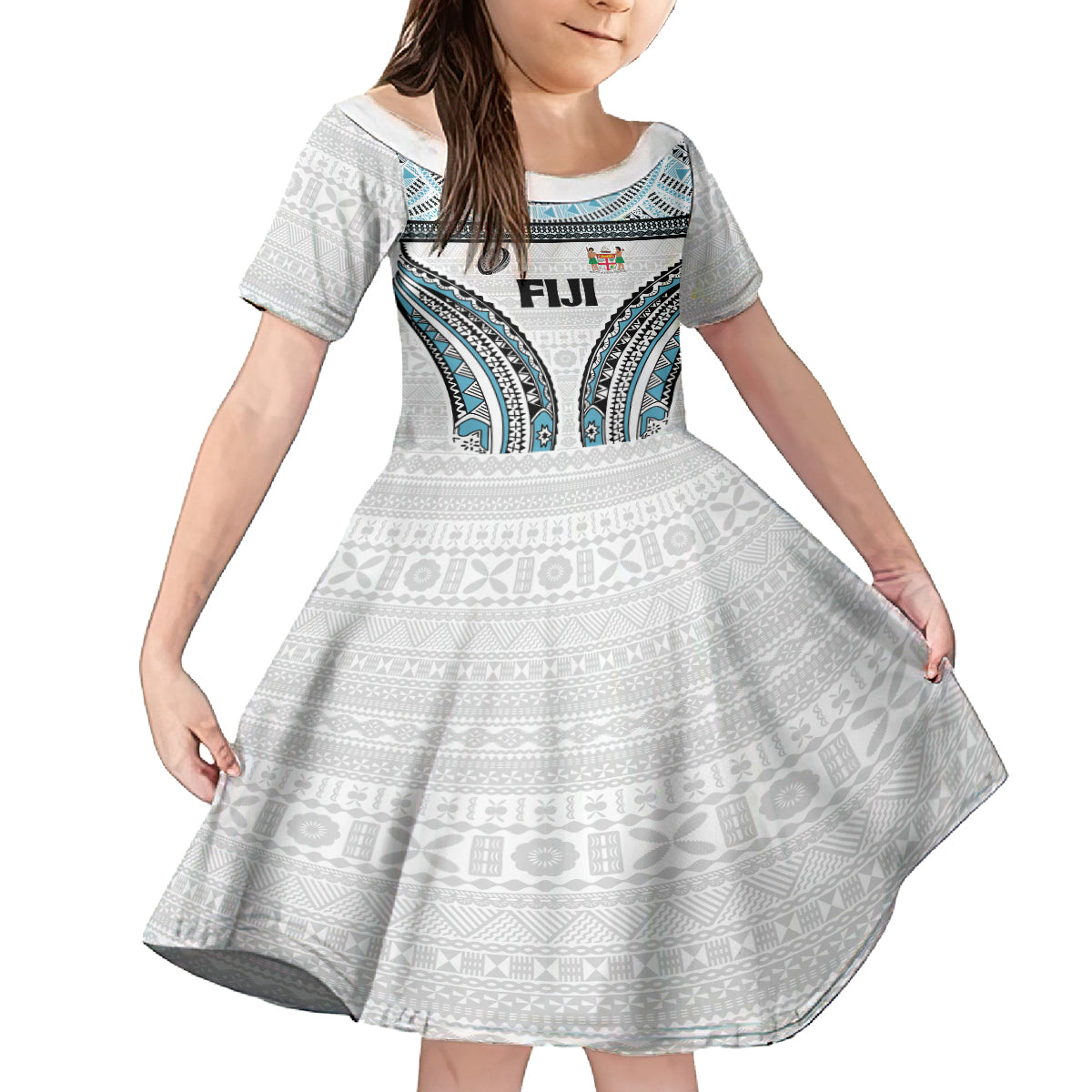 Custom Flying Fijians Rugby Family Matching Tank Maxi Dress and Hawaiian Shirt Tapa Tribal Cloth LT03 Daughter's Dress White - Polynesian Pride