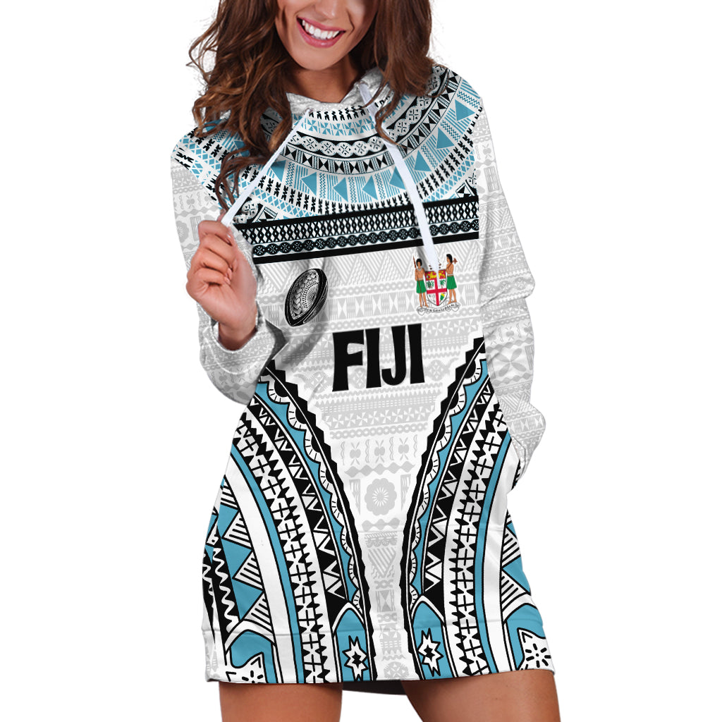 Custom Flying Fijians Rugby Hoodie Dress Tapa Tribal Cloth LT03 White - Polynesian Pride