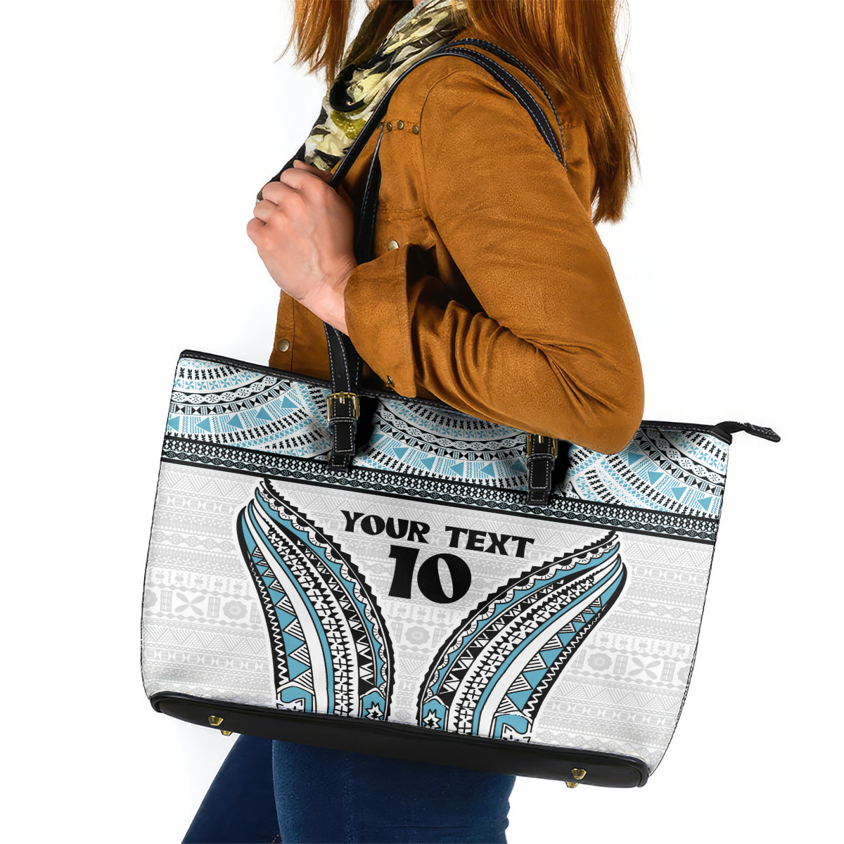 Custom Flying Fijians Rugby Leather Tote Bag Tapa Tribal Cloth