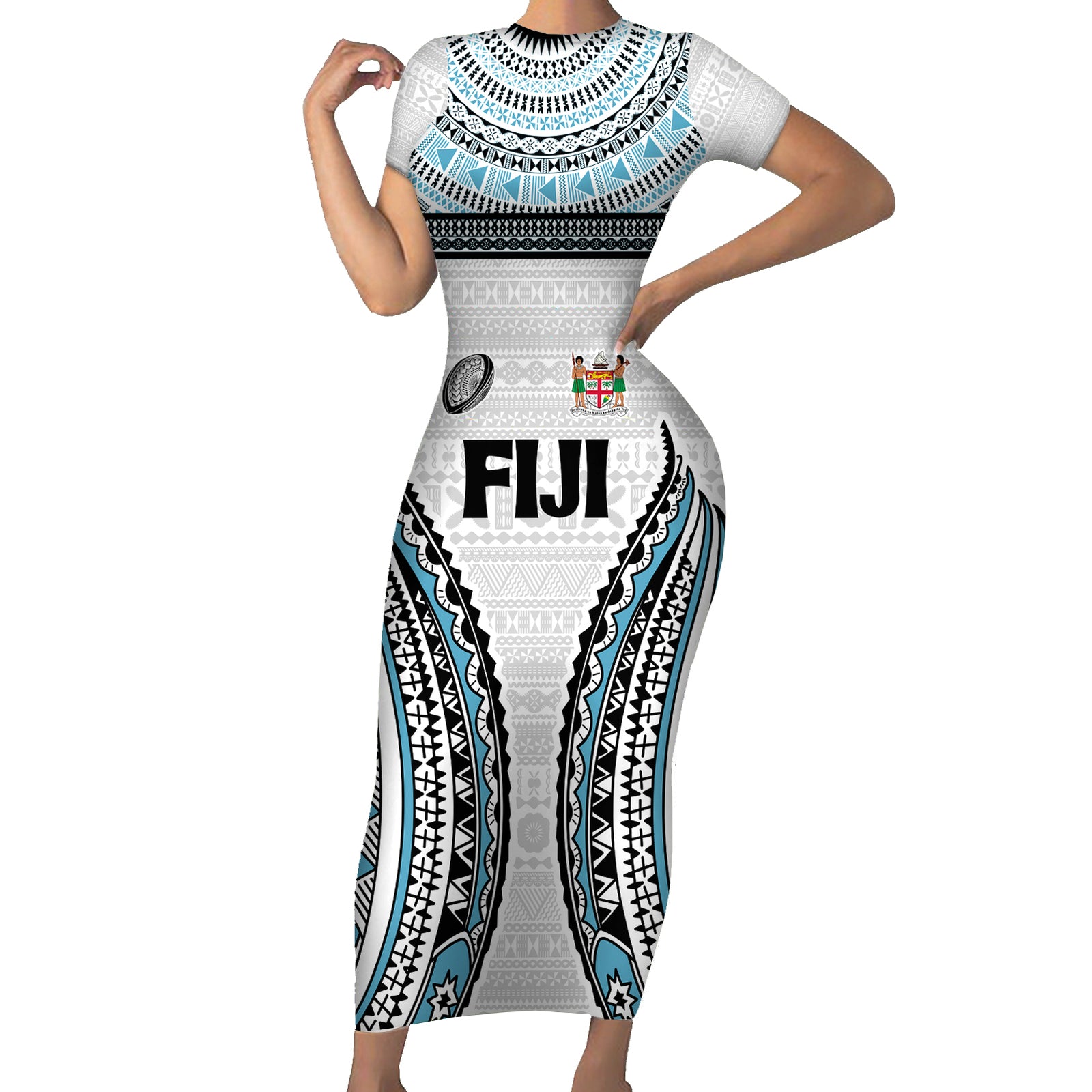 Custom Flying Fijians Rugby Short Sleeve Bodycon Dress Tapa Tribal Cloth LT03 Long Dress White - Polynesian Pride