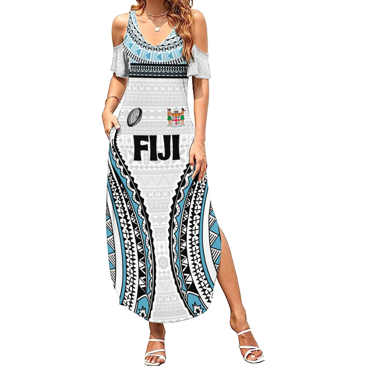 Custom Flying Fijians Rugby Summer Maxi Dress Tapa Tribal Cloth LT03 Women White - Polynesian Pride