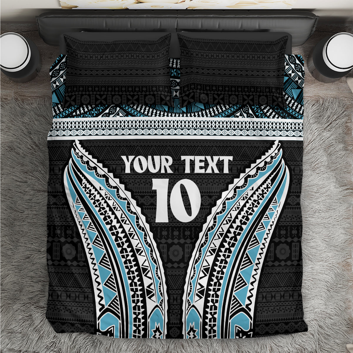 Custom Flying Fijians Rugby Bedding Set Tapa Tribal Cloth Black Color