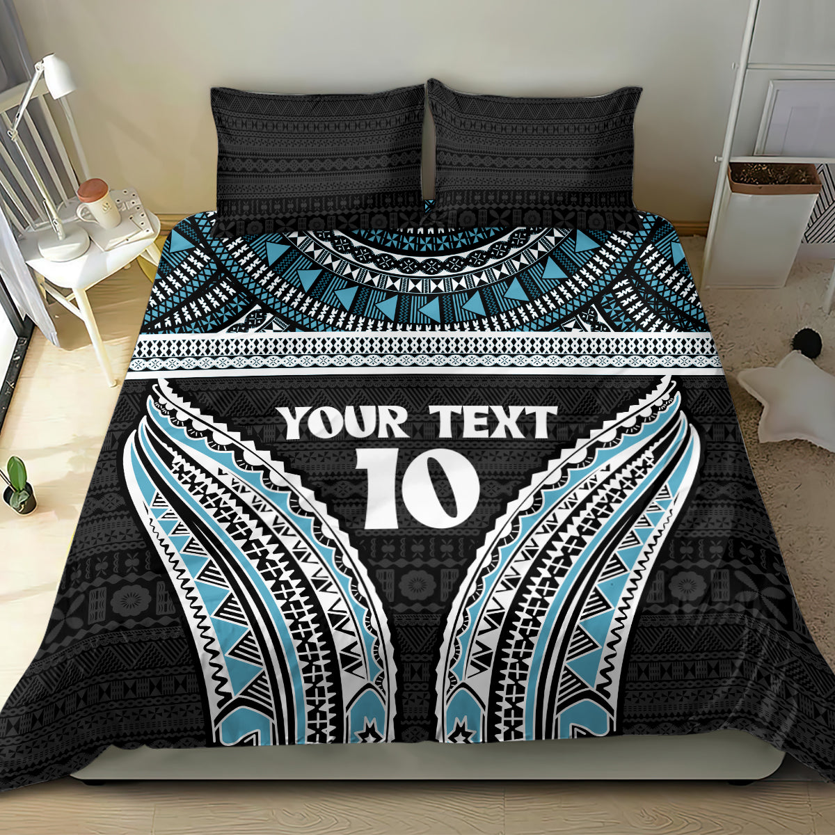 Custom Flying Fijians Rugby Bedding Set Tapa Tribal Cloth Black Color