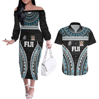 Custom Flying Fijians Rugby Couples Matching Off The Shoulder Long Sleeve Dress and Hawaiian Shirt Tapa Tribal Cloth Black Color LT03 Black - Polynesian Pride