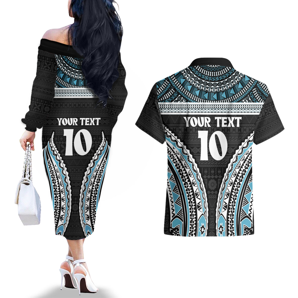 Custom Flying Fijians Rugby Couples Matching Off The Shoulder Long Sleeve Dress and Hawaiian Shirt Tapa Tribal Cloth Black Color LT03 - Polynesian Pride