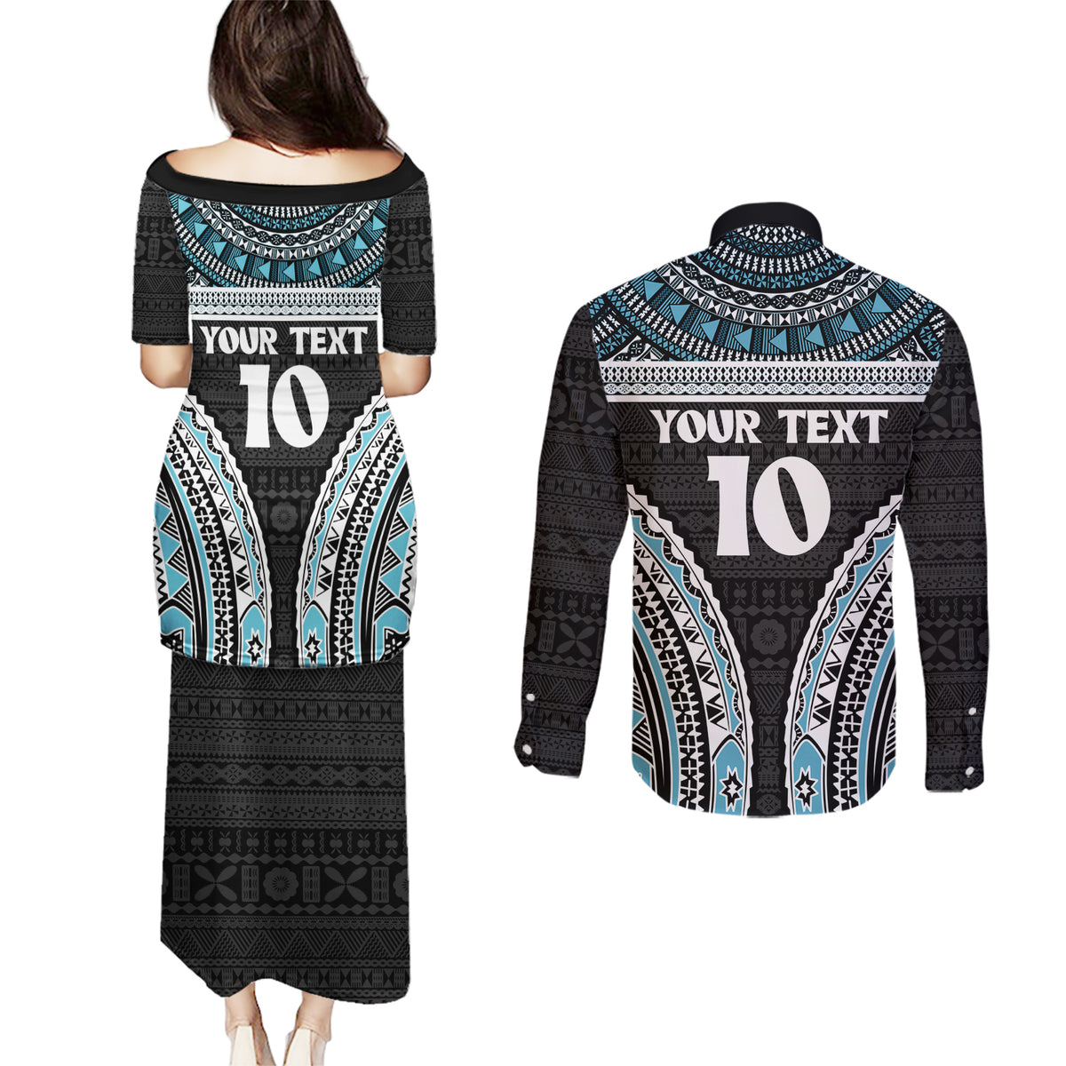 Custom Flying Fijians Rugby Couples Matching Puletasi and Long Sleeve Button Shirt Tapa Tribal Cloth Black Color LT03 - Polynesian Pride