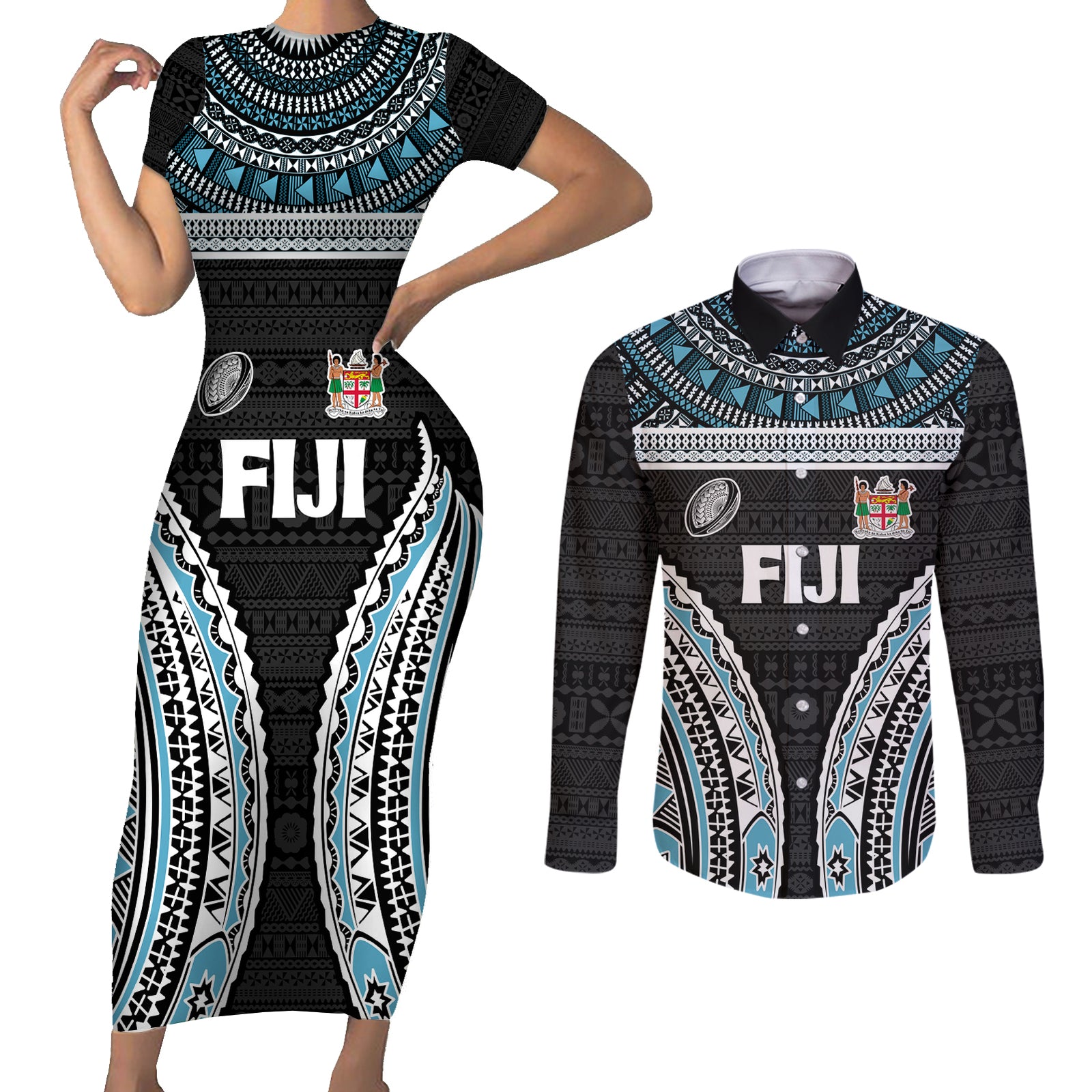 Custom Flying Fijians Rugby Couples Matching Short Sleeve Bodycon Dress and Long Sleeve Button Shirt Tapa Tribal Cloth Black Color LT03 Black - Polynesian Pride