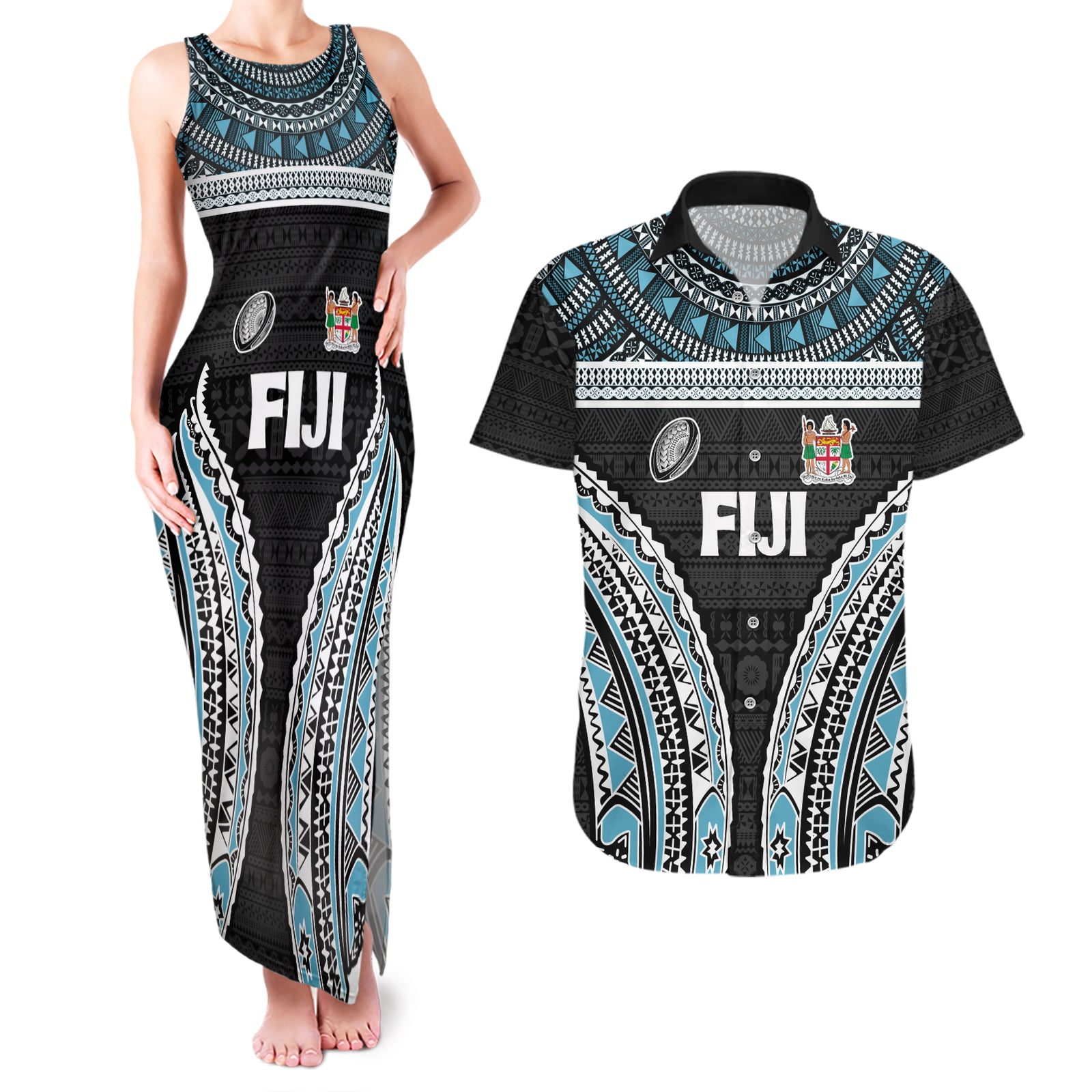Custom Flying Fijians Rugby Couples Matching Tank Maxi Dress and Hawaiian Shirt Tapa Tribal Cloth Black Color LT03 Black - Polynesian Pride