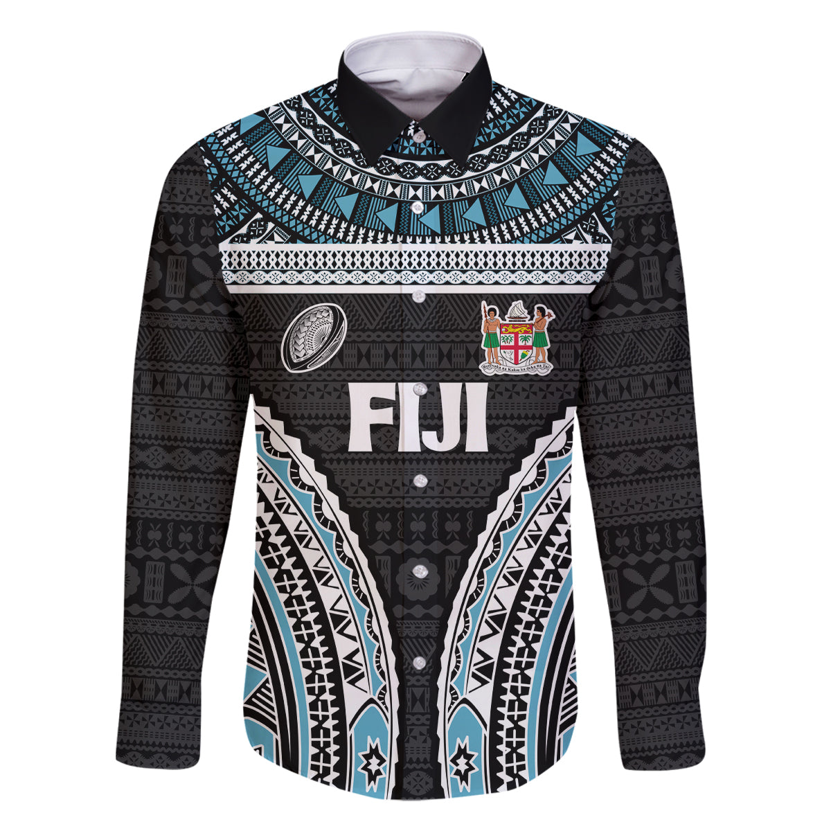 Custom Flying Fijians Rugby Family Matching Mermaid Dress and Hawaiian Shirt Tapa Tribal Cloth Black Color LT03 Dad's Shirt - Long Sleeve Black - Polynesian Pride