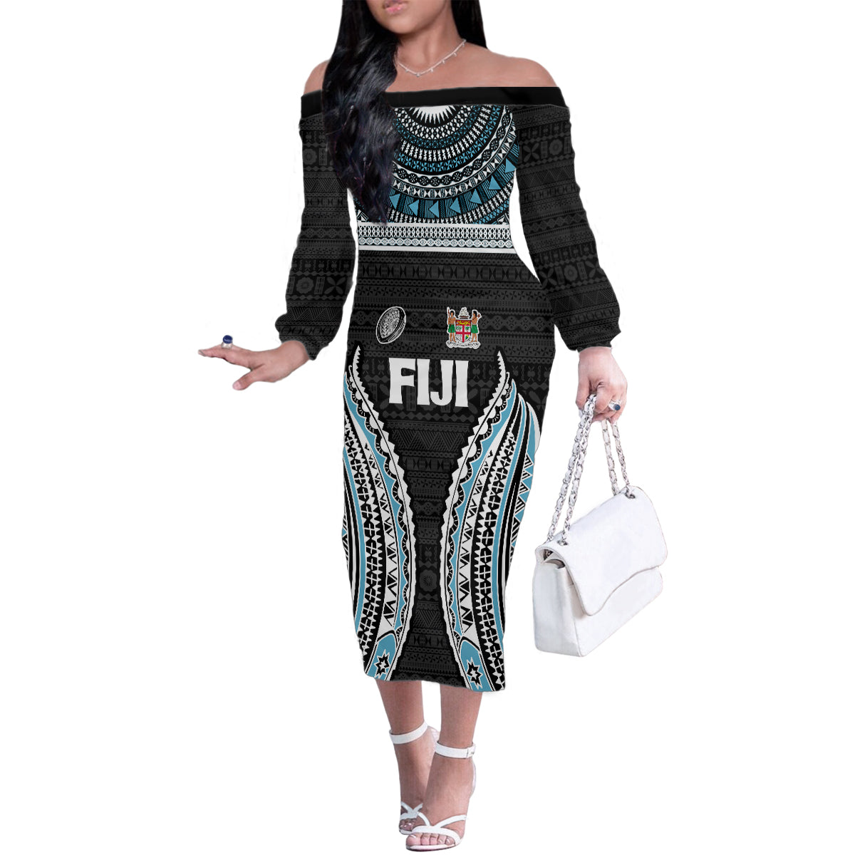 Custom Flying Fijians Rugby Family Matching Off The Shoulder Long Sleeve Dress and Hawaiian Shirt Tapa Tribal Cloth Black Color LT03 Mom's Dress Black - Polynesian Pride