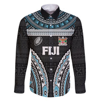 Custom Flying Fijians Rugby Family Matching Off Shoulder Short Dress and Hawaiian Shirt Tapa Tribal Cloth Black Color LT03 Dad's Shirt - Long Sleeve Black - Polynesian Pride