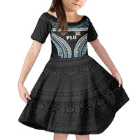 Custom Flying Fijians Rugby Family Matching Puletasi and Hawaiian Shirt Tapa Tribal Cloth Black Color LT03 Daughter's Dress Black - Polynesian Pride