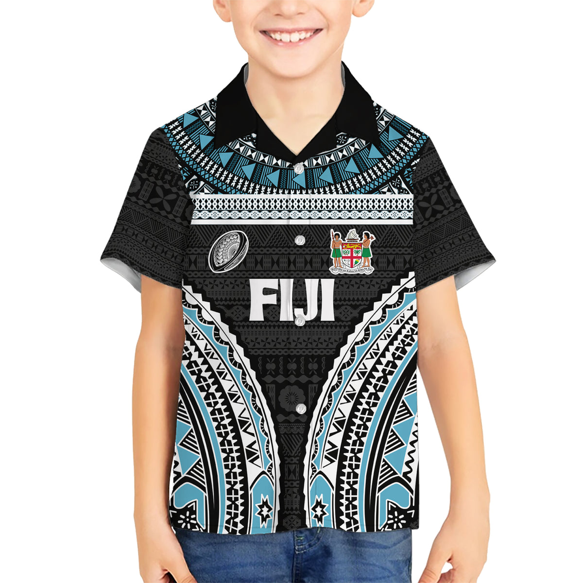 Custom Flying Fijians Rugby Family Matching Short Sleeve Bodycon Dress and Hawaiian Shirt Tapa Tribal Cloth Black Color LT03 Son's Shirt Black - Polynesian Pride