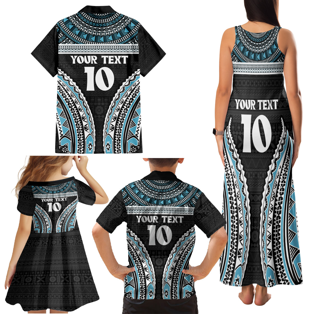 Custom Flying Fijians Rugby Family Matching Tank Maxi Dress and Hawaiian Shirt Tapa Tribal Cloth Black Color LT03 - Polynesian Pride